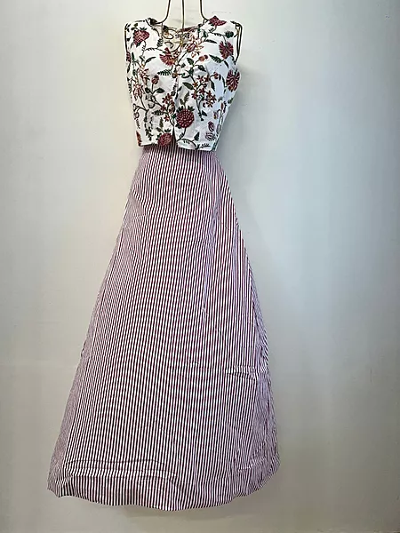 Nutan's princess top and straight skirt set - White with Maroon & Mustard Flowers