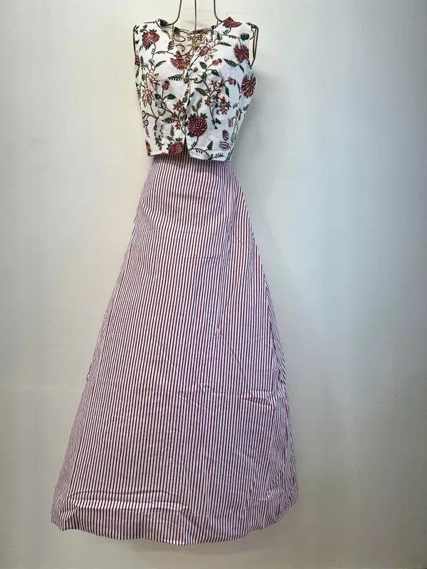 Nutan's princess top and straight skirt set - White with Maroon & Mustard Flowers