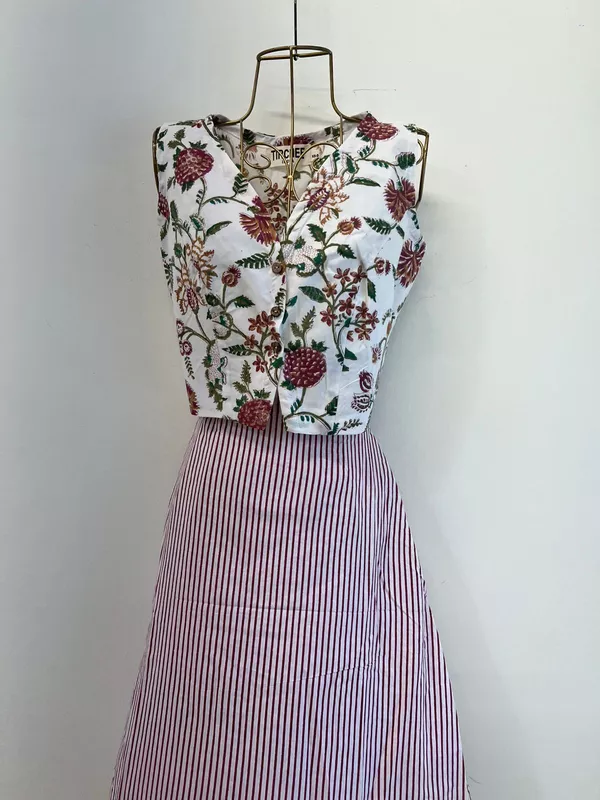 Nutan's princess top and straight skirt set - White with Maroon & Mustard Flowers