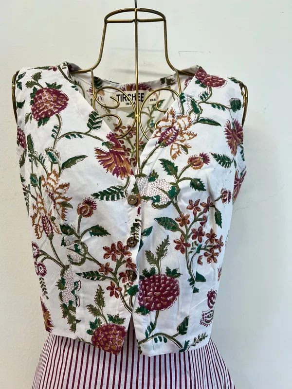 Nutan's princess top and straight skirt set - White with Maroon & Mustard Flowers
