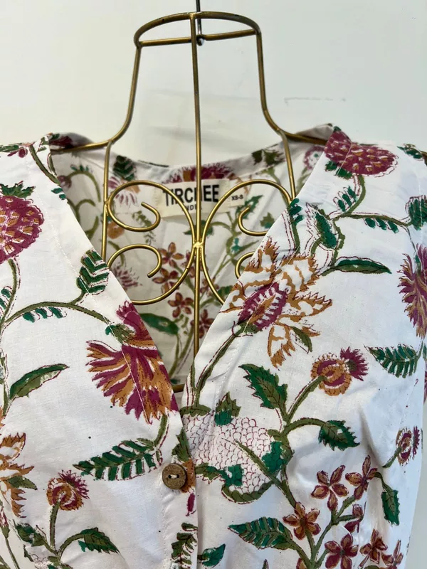 Nutan's princess top and straight skirt set - White with Maroon & Mustard Flowers