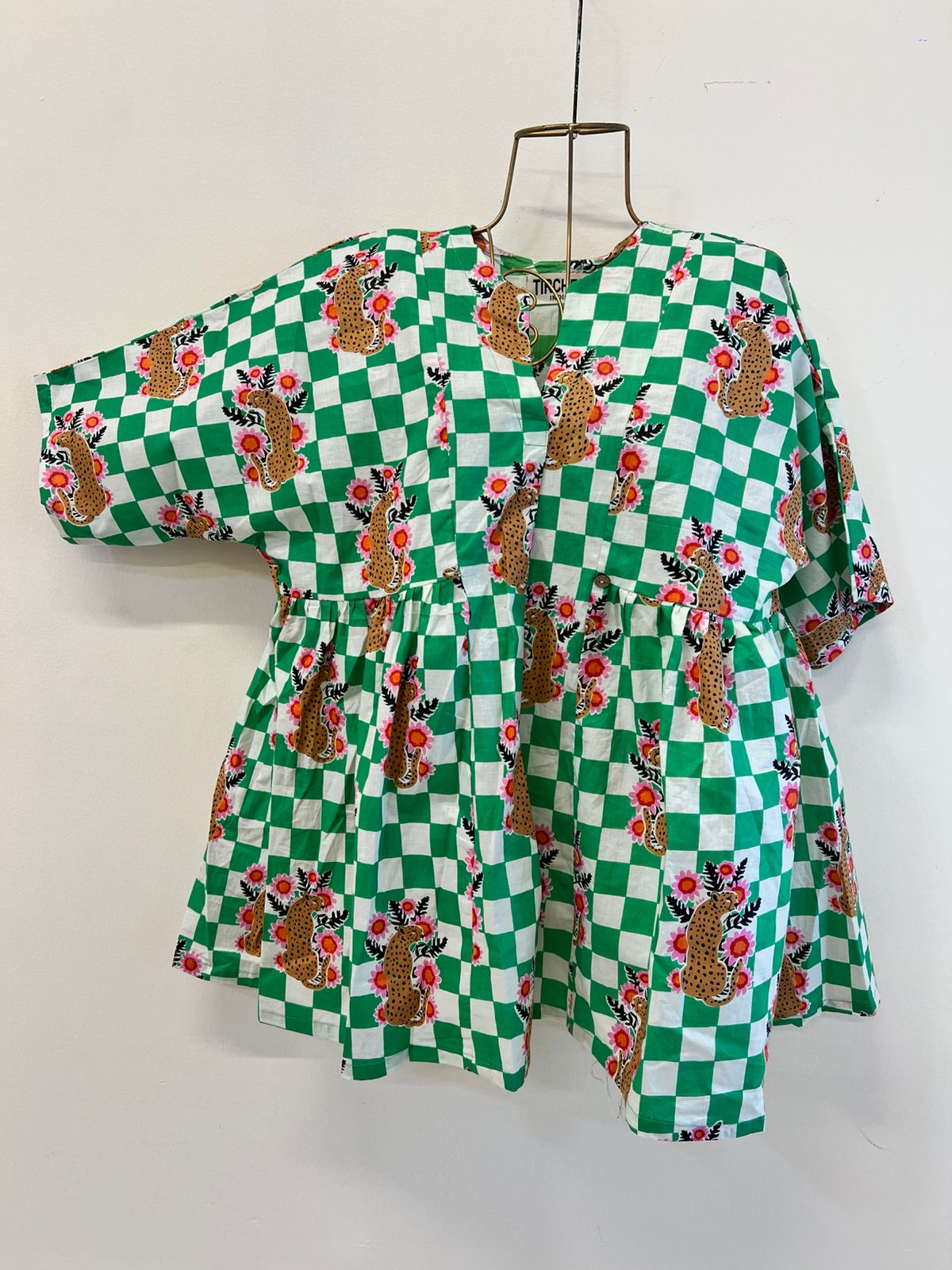 Ruhani's Button-Front Gathered Top - Green Checks with Leopards