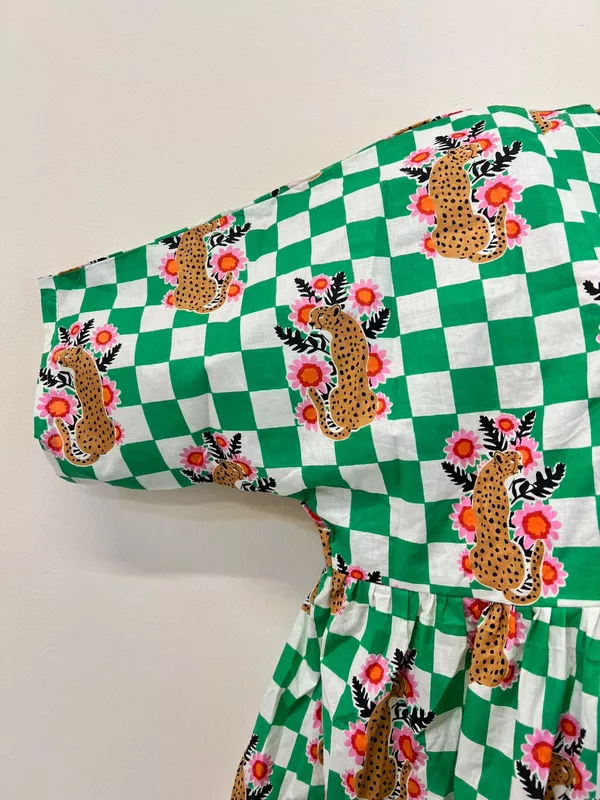 Ruhani's Button-Front Gathered Top - Green Checks with Leopards