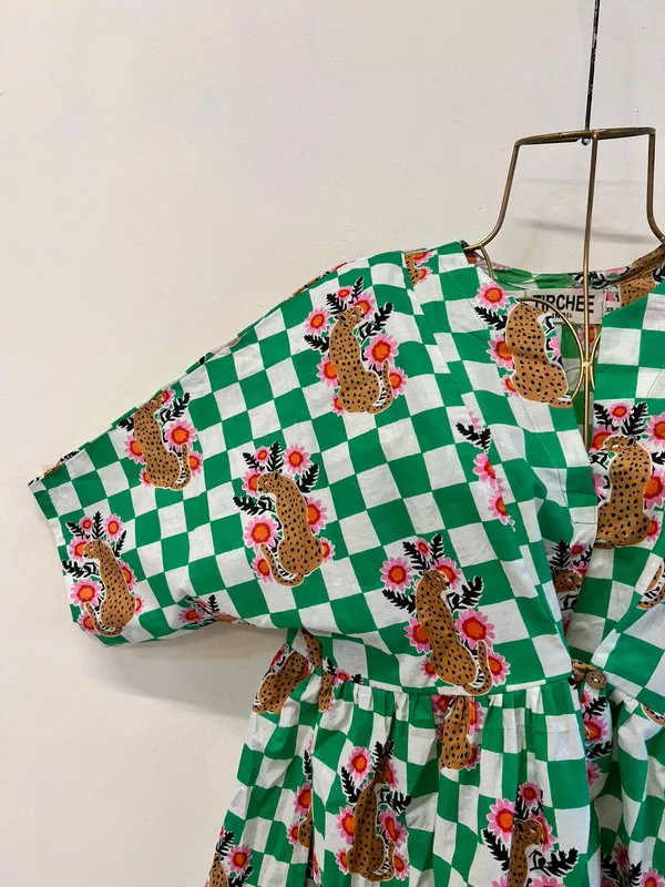 Ruhani's Button-Front Gathered Top - Green Checks with Leopards