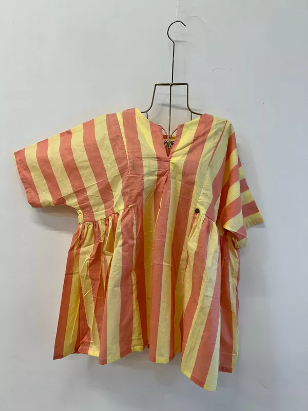Ruhani's Button-Front Gathered Top - Peach & Yellow Stripes