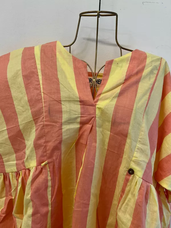 Ruhani's Button-Front Gathered Top - Peach & Yellow Stripes