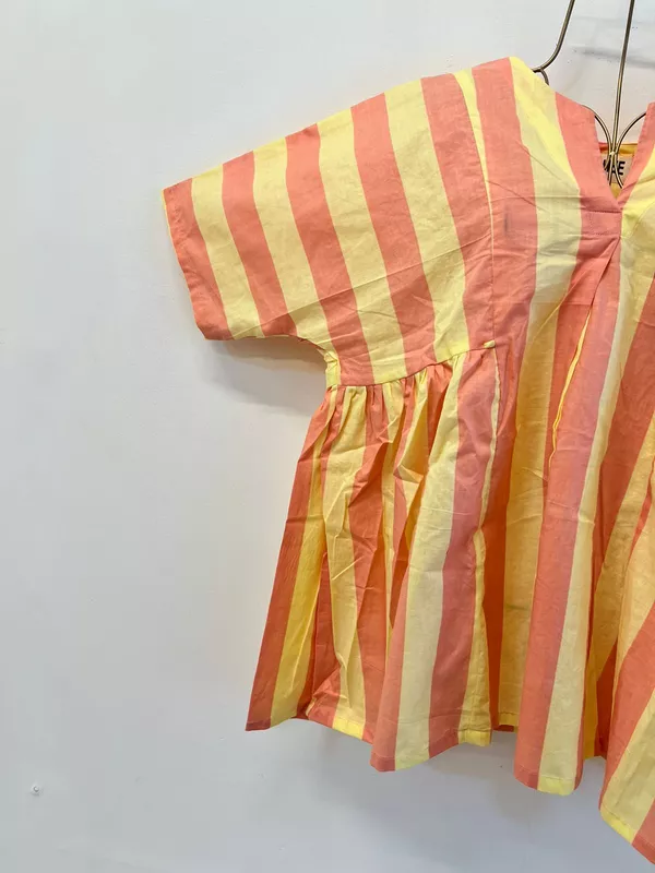 Ruhani's Button-Front Gathered Top - Peach & Yellow Stripes