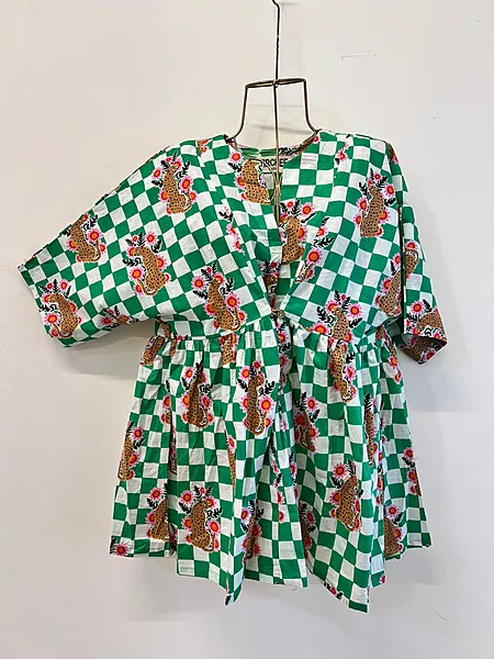 Ruhani's Button-Front Gathered Top - Green Checks with Leopards