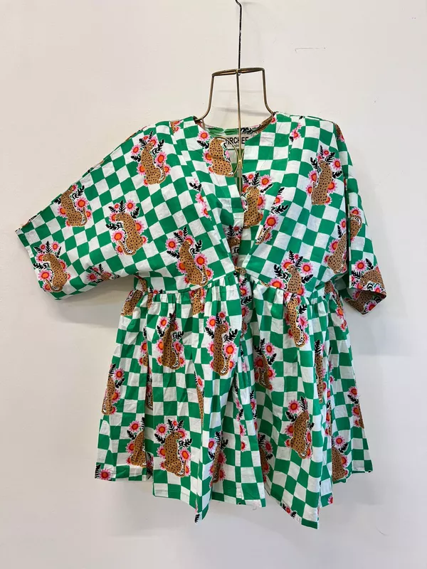 Ruhani's Button-Front Gathered Top - Green Checks with Leopards