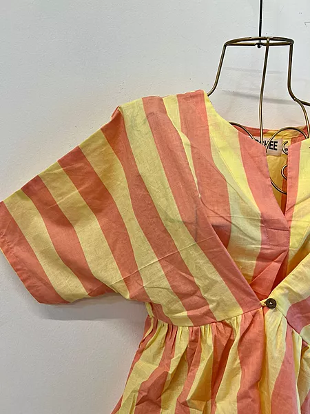 Ruhani's Button-Front Gathered Top - Peach & Yellow Stripes