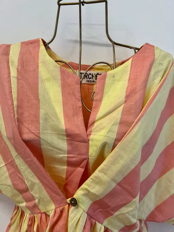 Ruhani's Button-Front Gathered Top - Peach & Yellow Stripes