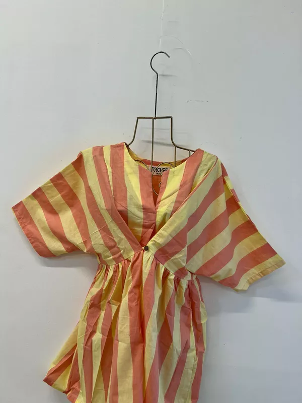 Ruhani's Button-Front Gathered Top - Peach & Yellow Stripes