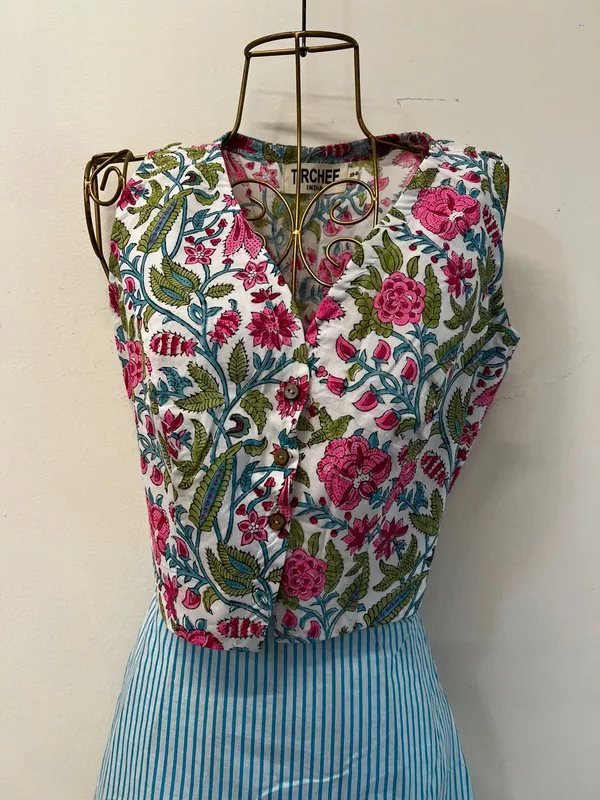 Nutan's princess top and straight skirt set - White with Neon Pink Flowers