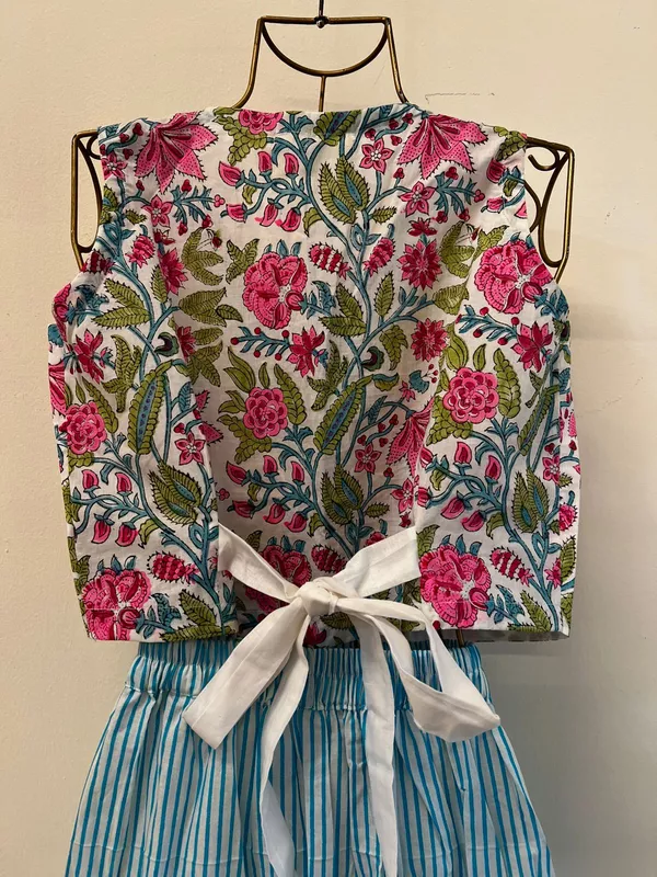 Nutan's princess top and straight skirt set - White with Neon Pink Flowers