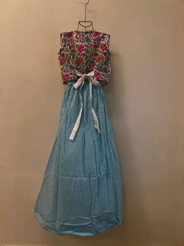 Nutan's princess top and straight skirt set - White with Neon Pink Flowers
