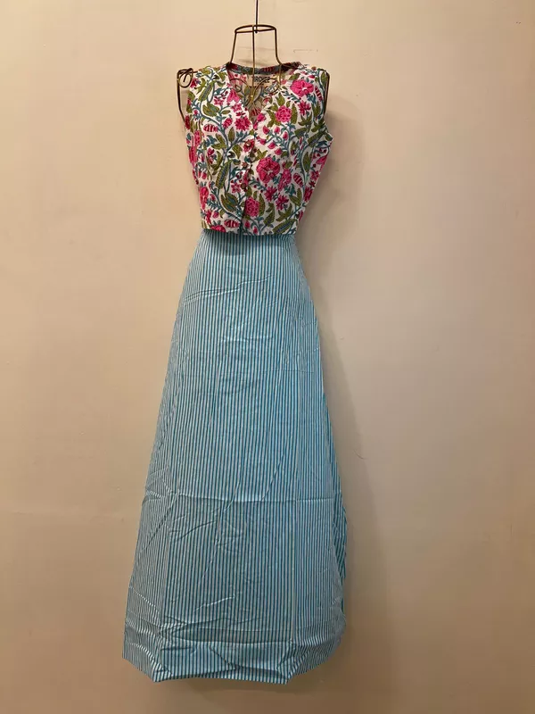 Nutan's princess top and straight skirt set - White with Neon Pink Flowers