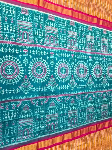 MANDIR TRIBAL HALF TISSUE SILK SAREE-SEAGREEN