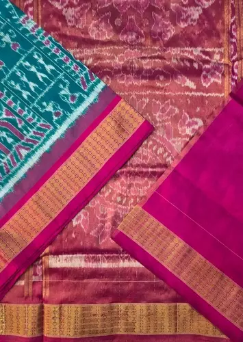 MANDIR TRIBAL HALF TISSUE SILK SAREE-SEAGREEN