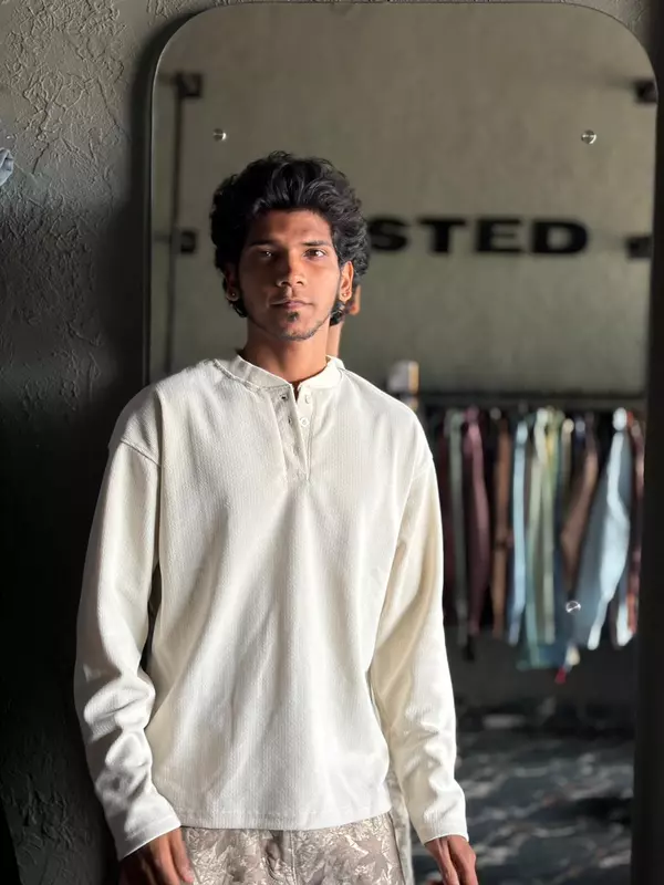 Cream waffle henley tee