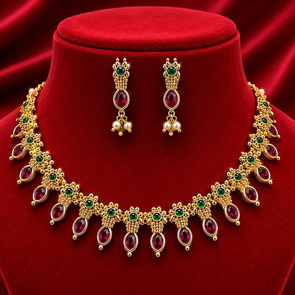 Gold Plated Ruby Green & Red Necklace Set with Earrings