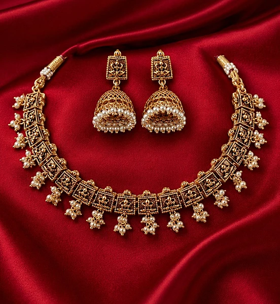 Elegant gold plated imitation jewellery choker with earring