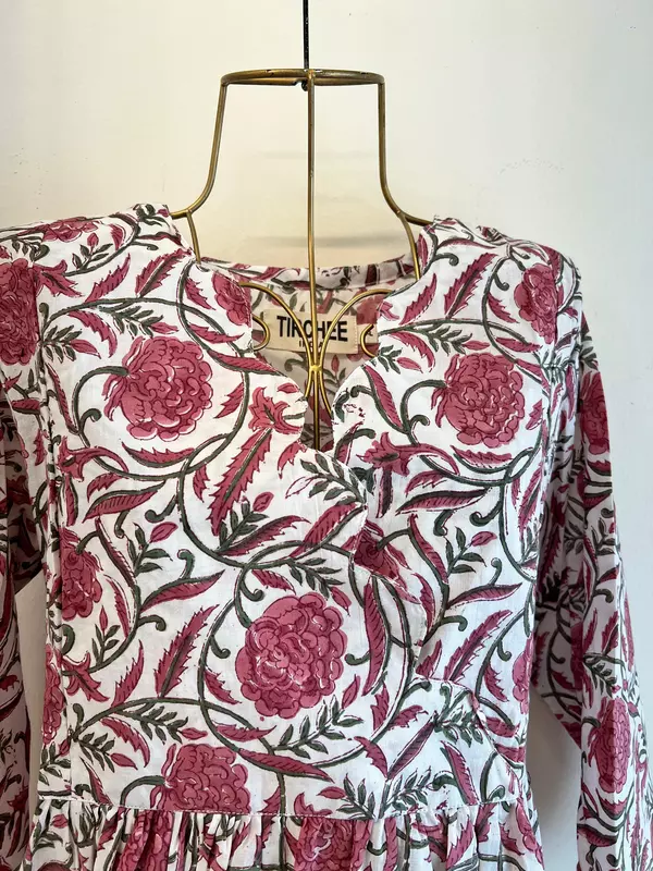 Sitara's Scallop Neck Flare Dress - White & Pink Flowers