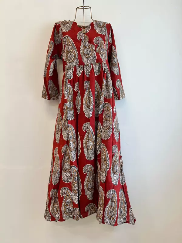 Sitara's Scallop Neck Flare Dress - Earth Red & Mustard Paisley