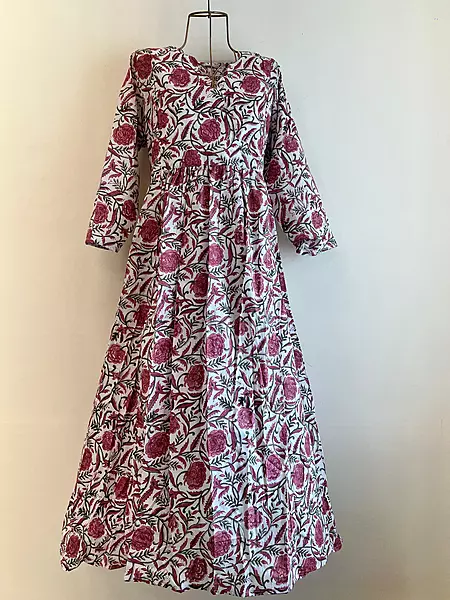 Sitara's Scallop Neck Flare Dress - White & Pink Flowers