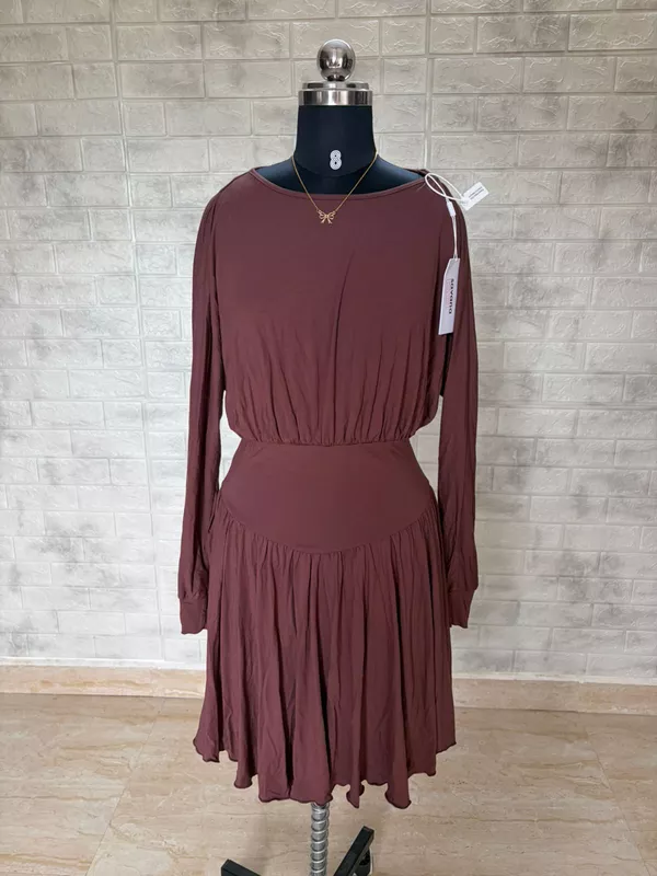 Chocolate Brown Pleated Mock-Neck Mini Dress