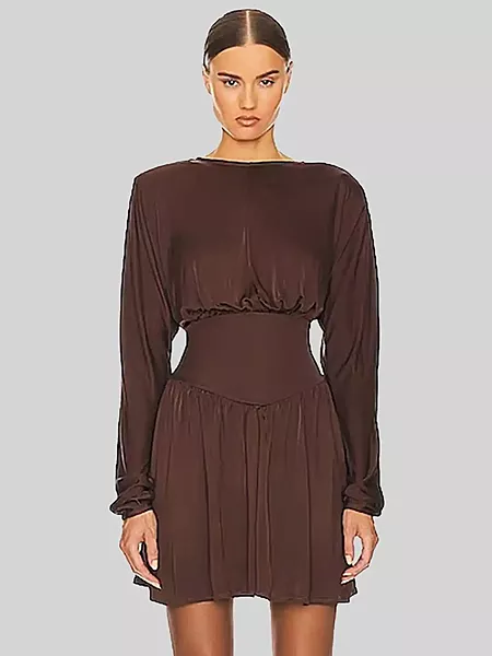 Chocolate Brown Pleated Mock-Neck Mini Dress
