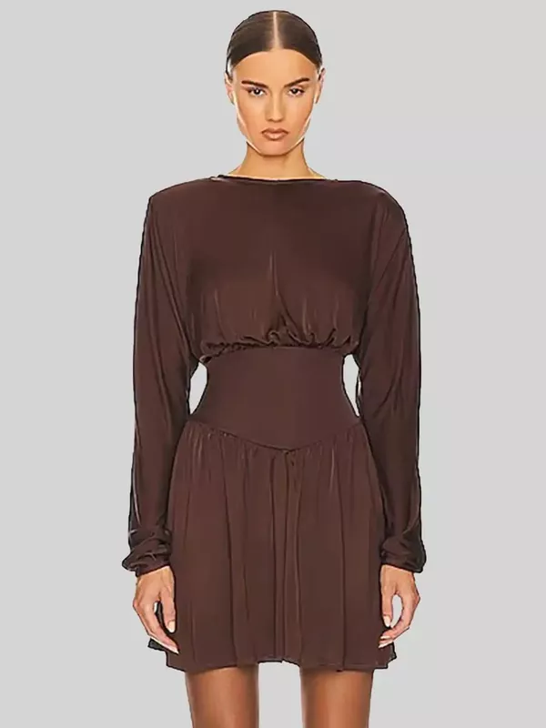 Chocolate Brown Pleated Mock-Neck Mini Dress