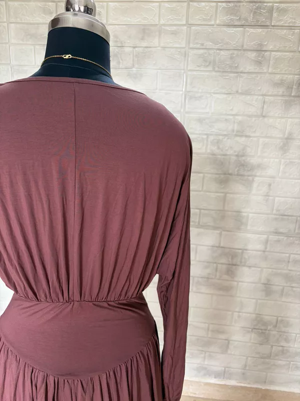 Chocolate Brown Pleated Mock-Neck Mini Dress