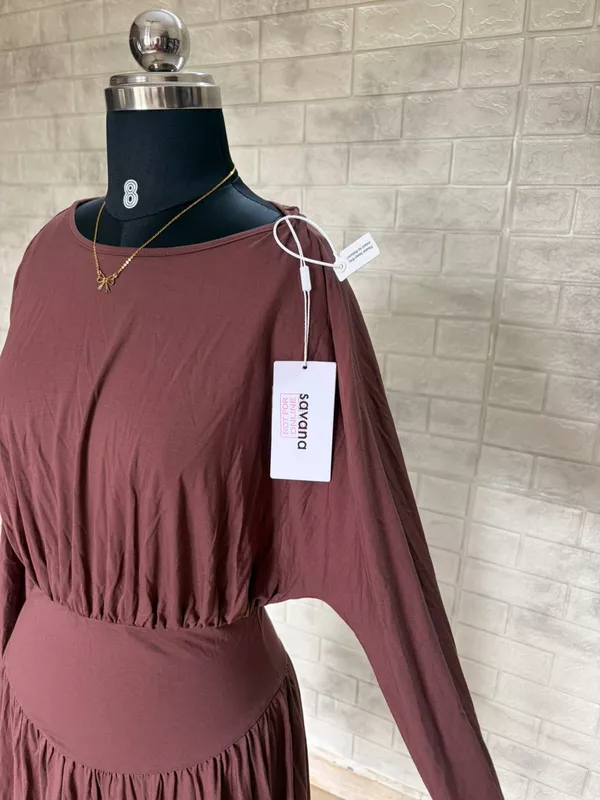 Chocolate Brown Pleated Mock-Neck Mini Dress