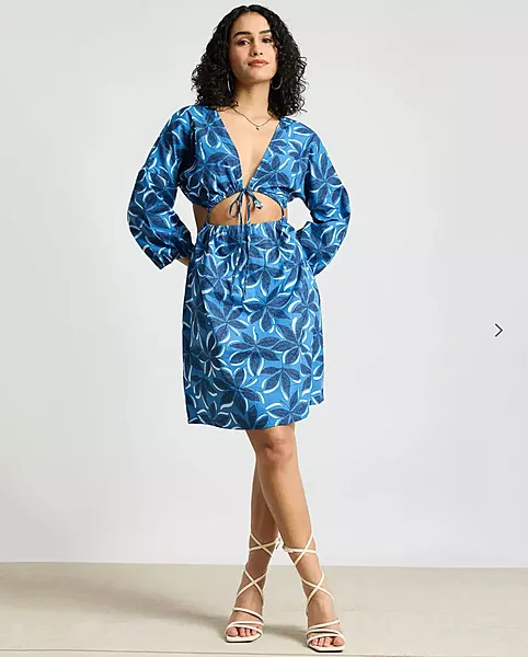 Blue Floral Print A-Line Dress With Cutout