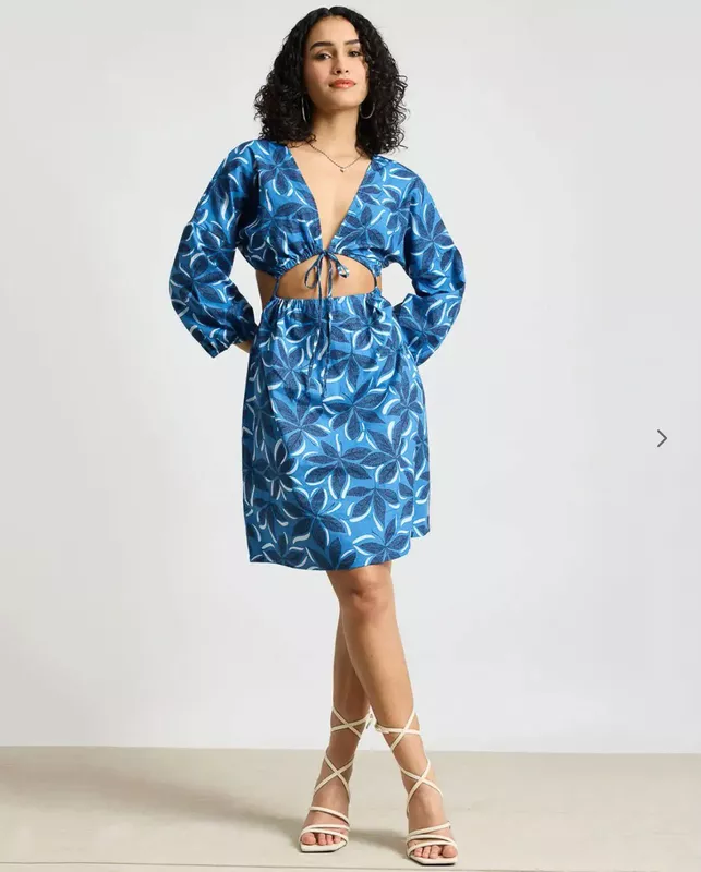 Blue Floral Print A-Line Dress With Cutout