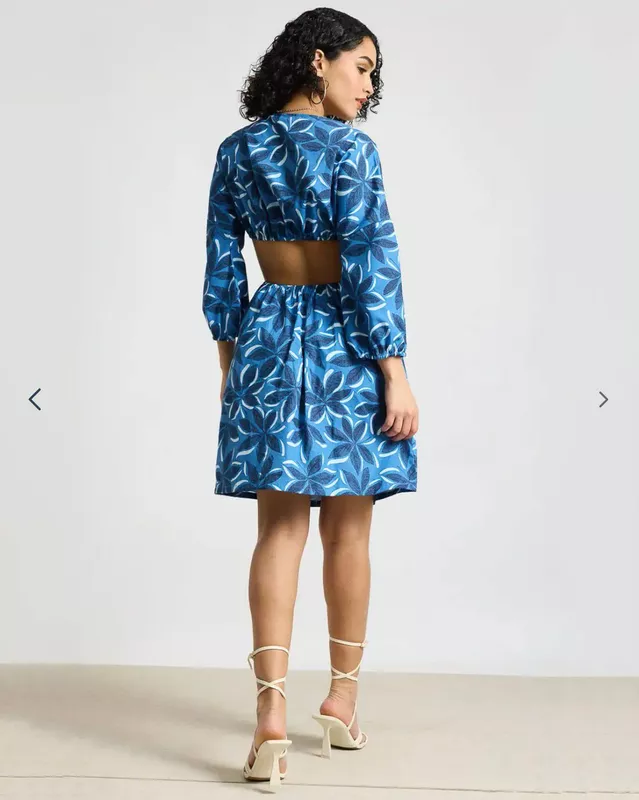 Blue Floral Print A-Line Dress With Cutout
