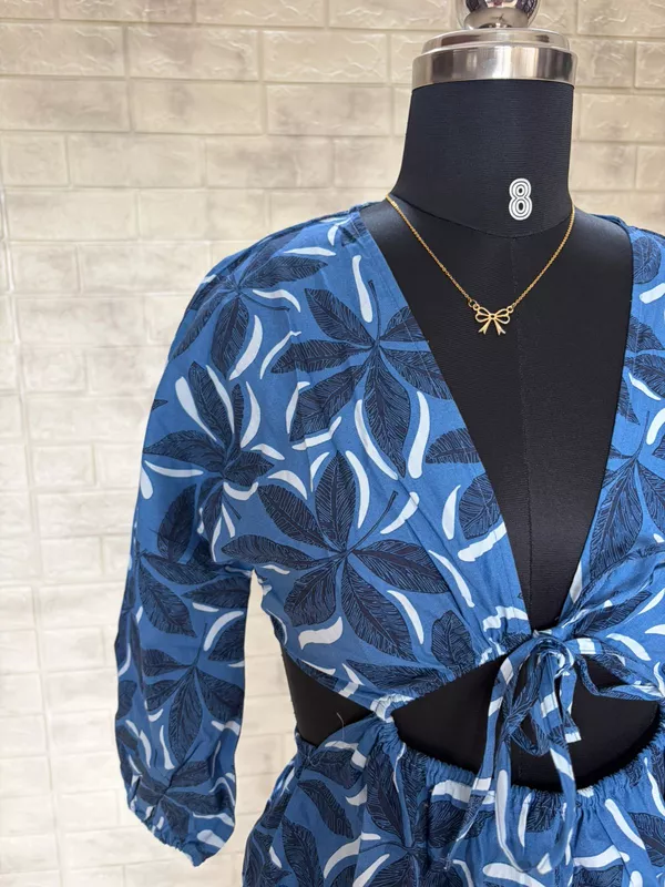 Blue Floral Print A-Line Dress With Cutout