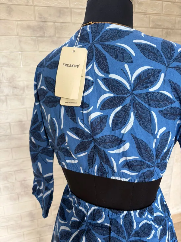 Blue Floral Print A-Line Dress With Cutout
