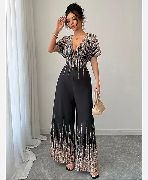 Black Shimmer Sequin Wide-Leg Jumpsuit