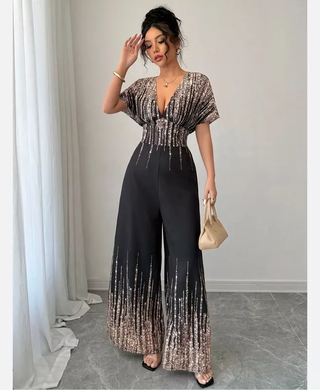 Black Shimmer Sequin Wide-Leg Jumpsuit