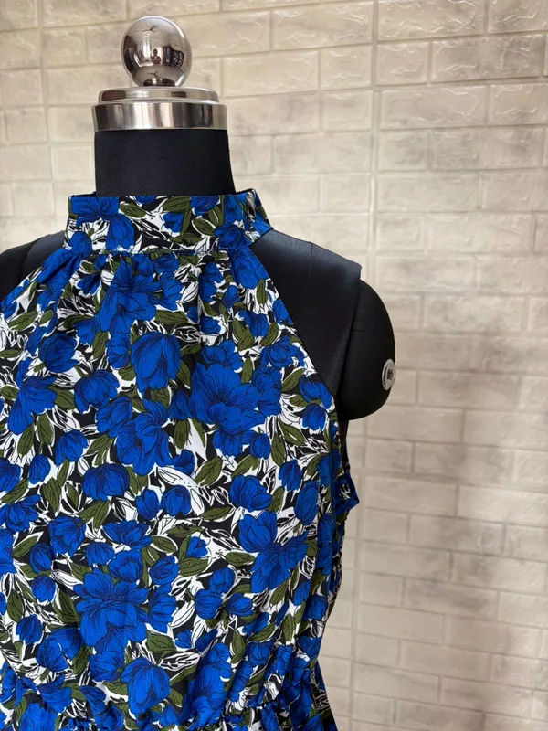 Royal Blue Floral High-Neck Maxi Dress
