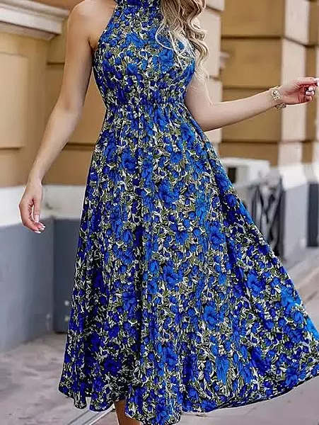 Royal Blue Floral High-Neck Maxi Dress