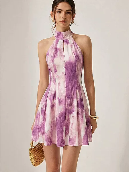 Purple & White Tie-Dye Halter-Neck Mini Dress