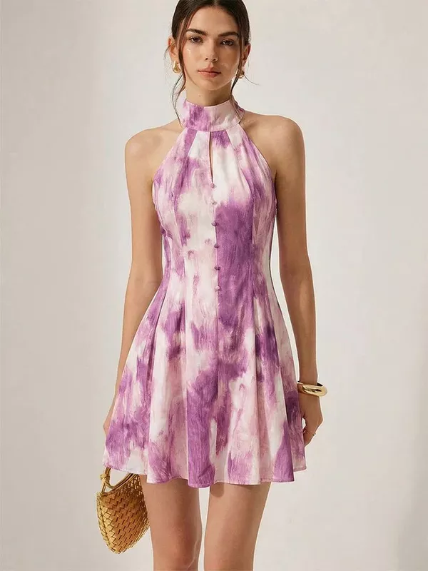 Purple & White Tie-Dye Halter-Neck Mini Dress