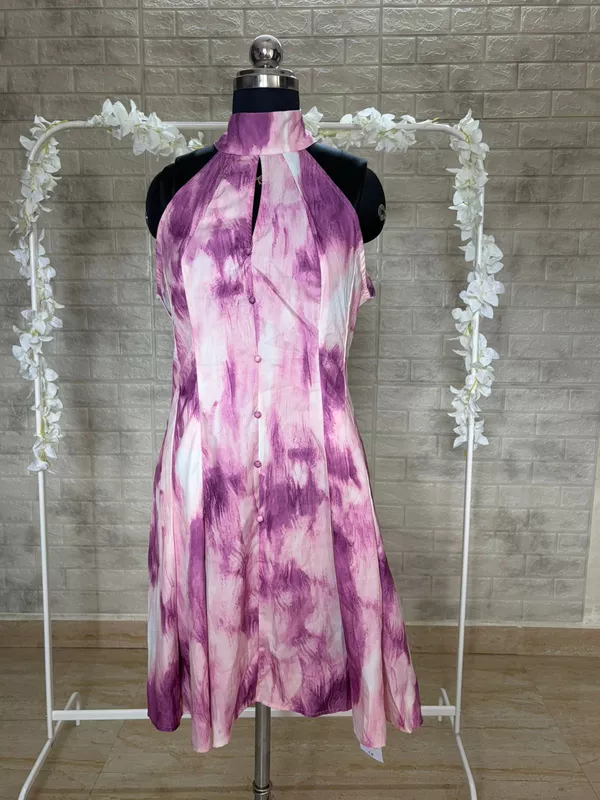 Purple & White Tie-Dye Halter-Neck Mini Dress