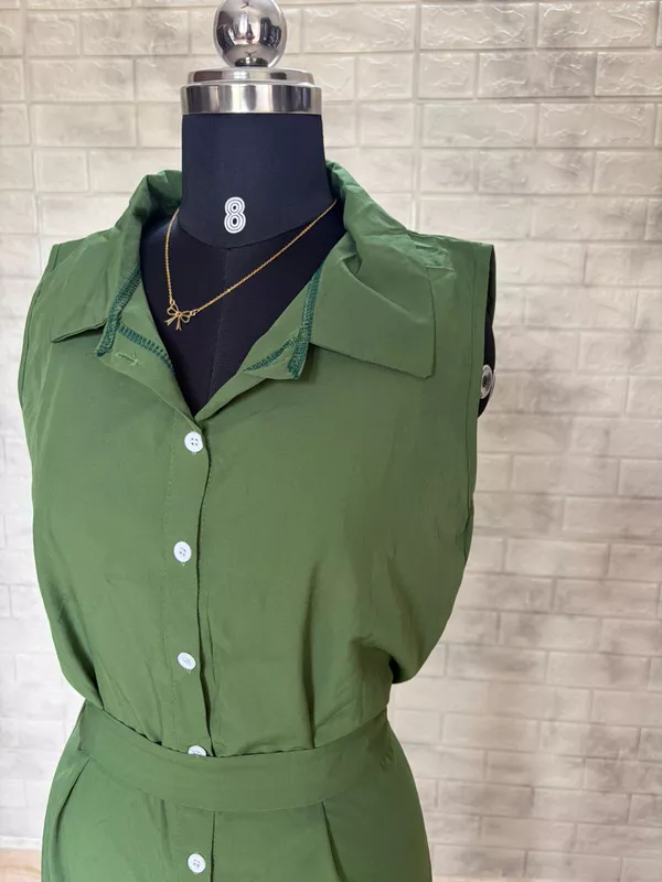 Olive Green Sleeveless Collared Maxi Shirt Dress