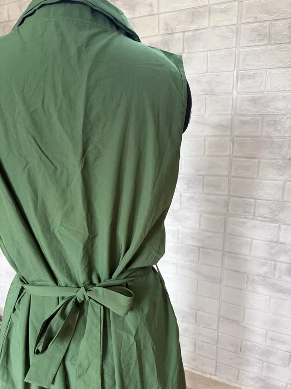 Olive Green Sleeveless Collared Maxi Shirt Dress
