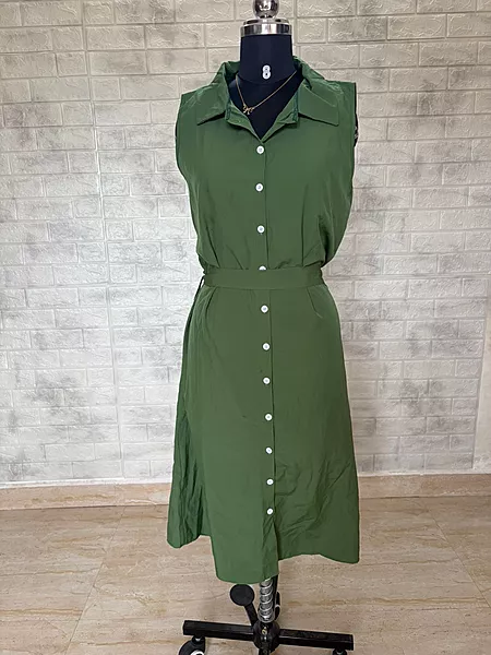 Olive Green Sleeveless Collared Maxi Shirt Dress