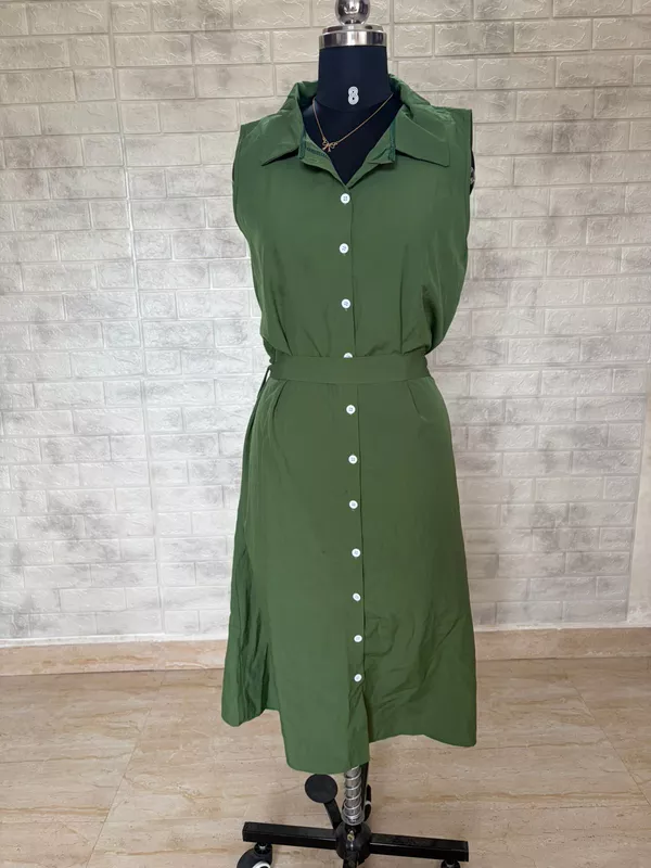 Olive Green Sleeveless Collared Maxi Shirt Dress