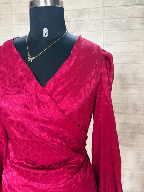 Magenta Satin Long-Sleeve Wrap Maxi Party Dress